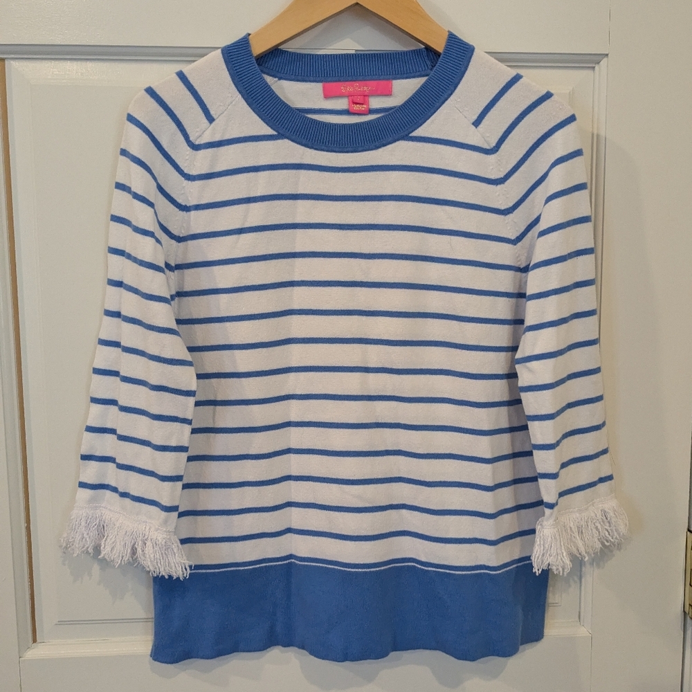 Lilly Pulitzer Dasha Blue/White Stripe Sweater Fringe Cuff Sleeve, Size small